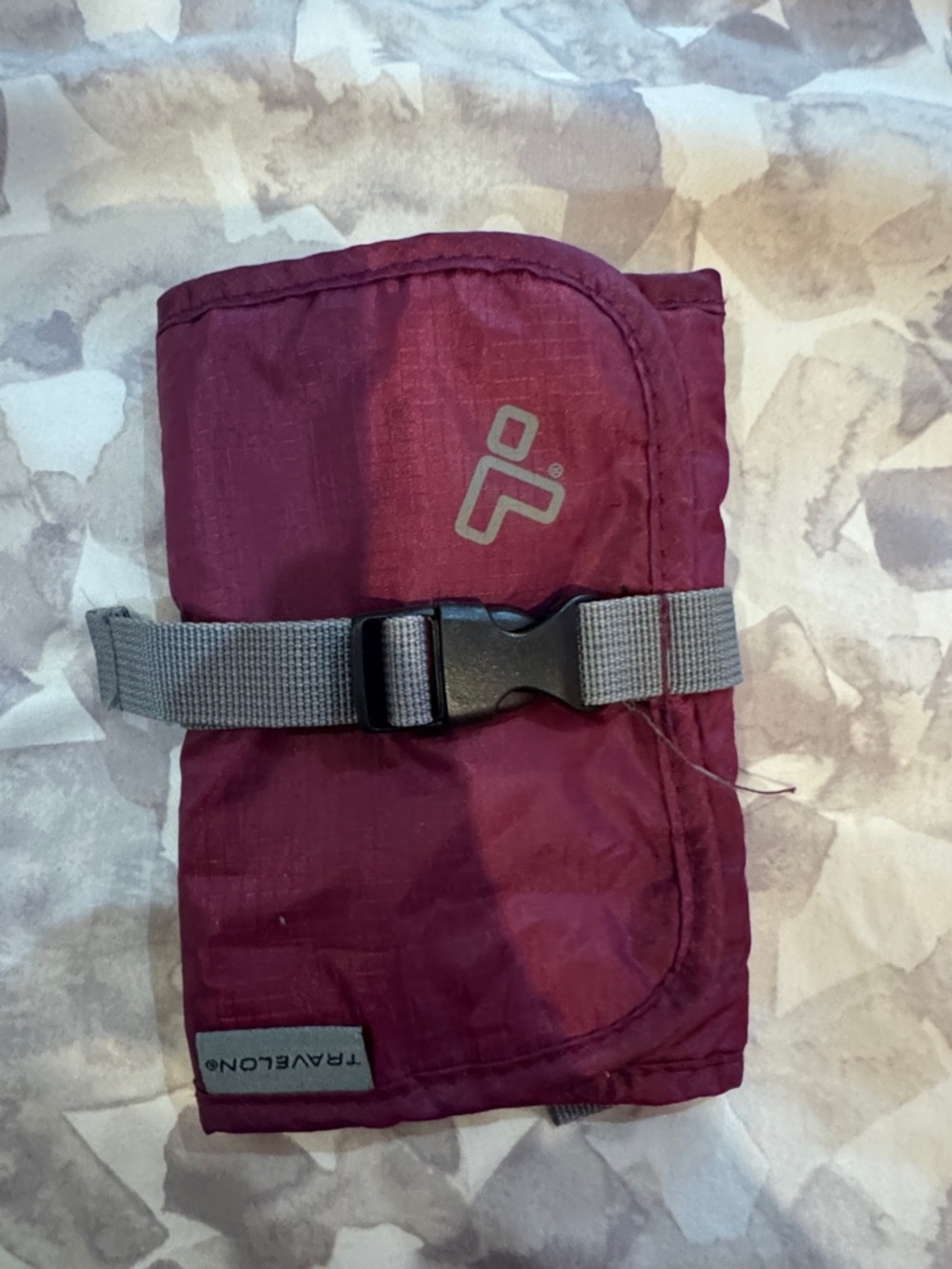 Travelon Foldable Travel Pouch - Burgundy with Gray Strap